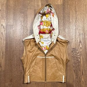 Vintage 90s Christian Dior Boutique Lambskin Leather Hooded Vest Jacket Womens 8